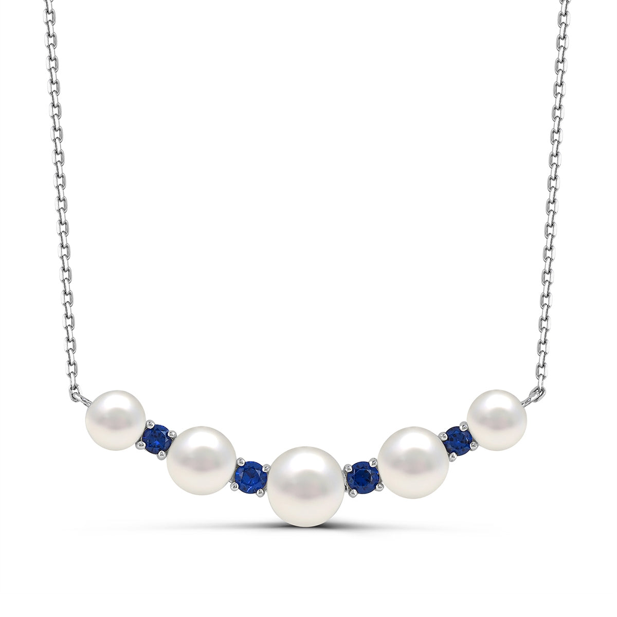 Cultured Freshwater Pearl & Sapphire Curved Bar Necklace in Sterling Silver