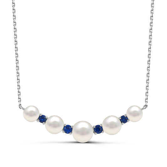 Cultured Freshwater Pearl & Sapphire Curved Bar Necklace in Sterling Silver