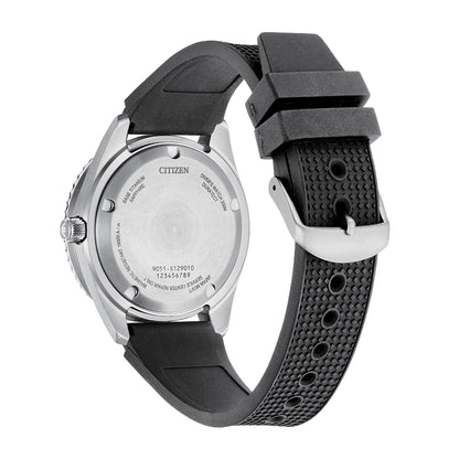 Citizen Men's Promaster Dive Automatic Titanium Watch with Black Dial & Black Polyurethane Strap front view
