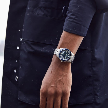Citizen Men's Promaster Dive Automatic Titanium Watch with Blue Dial close-up detail