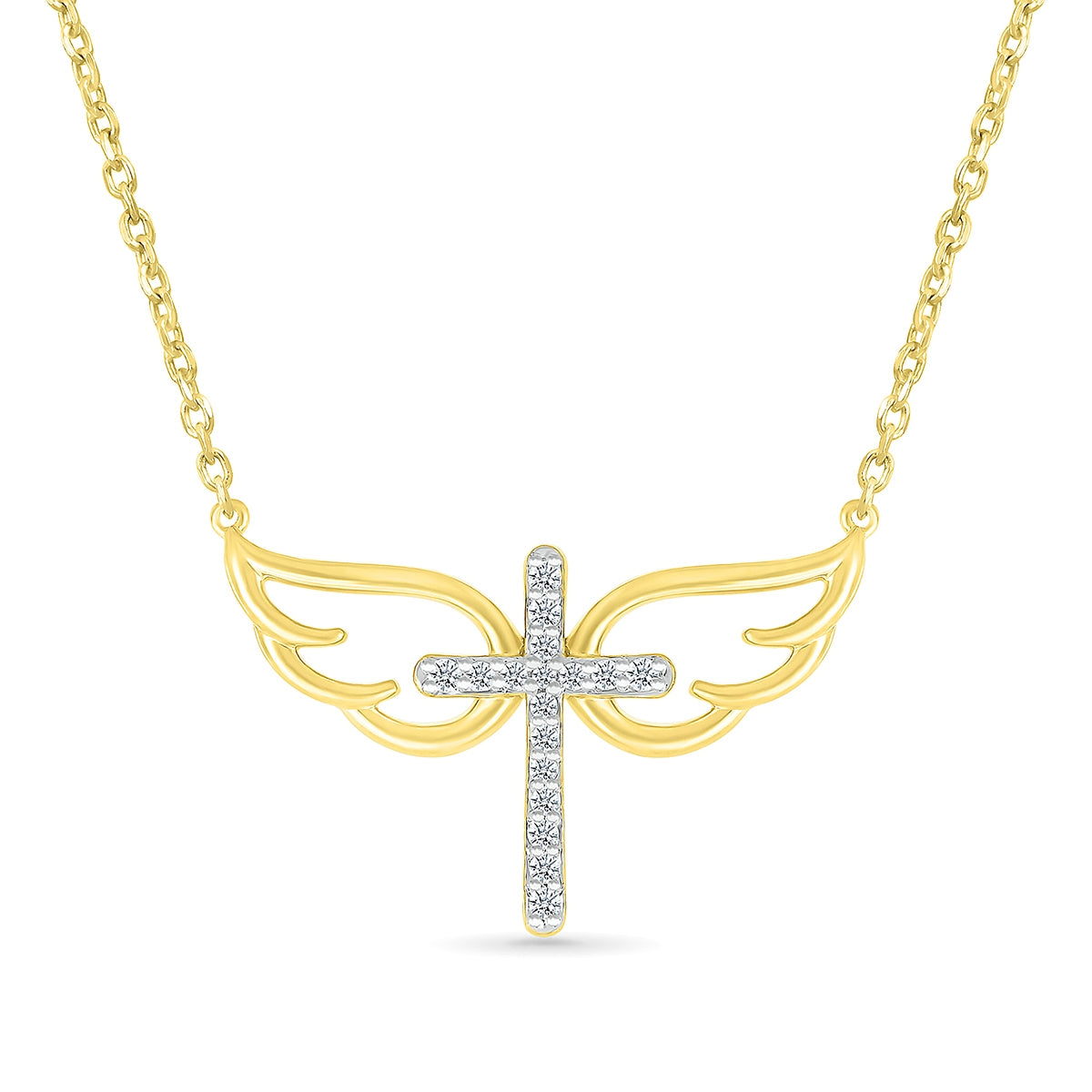Diamond Accent Cross with Angel Wings Necklace in 10K Yellow Gold