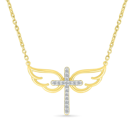 Diamond Accent Cross with Angel Wings Necklace in 10K Yellow Gold
