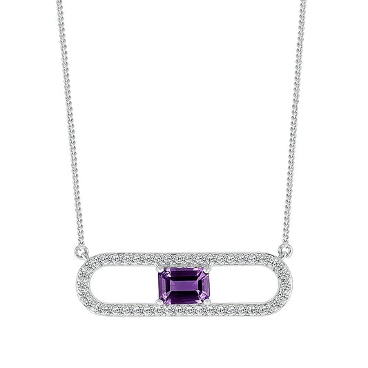 Emerald Cut Amethyst & Created White Sapphire Paperclip Necklace in Sterling Silver