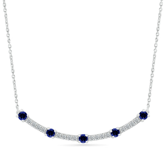 Sapphire & 1/6 ct. tw. Diamond Curved Bar Necklace in 10K White Gold