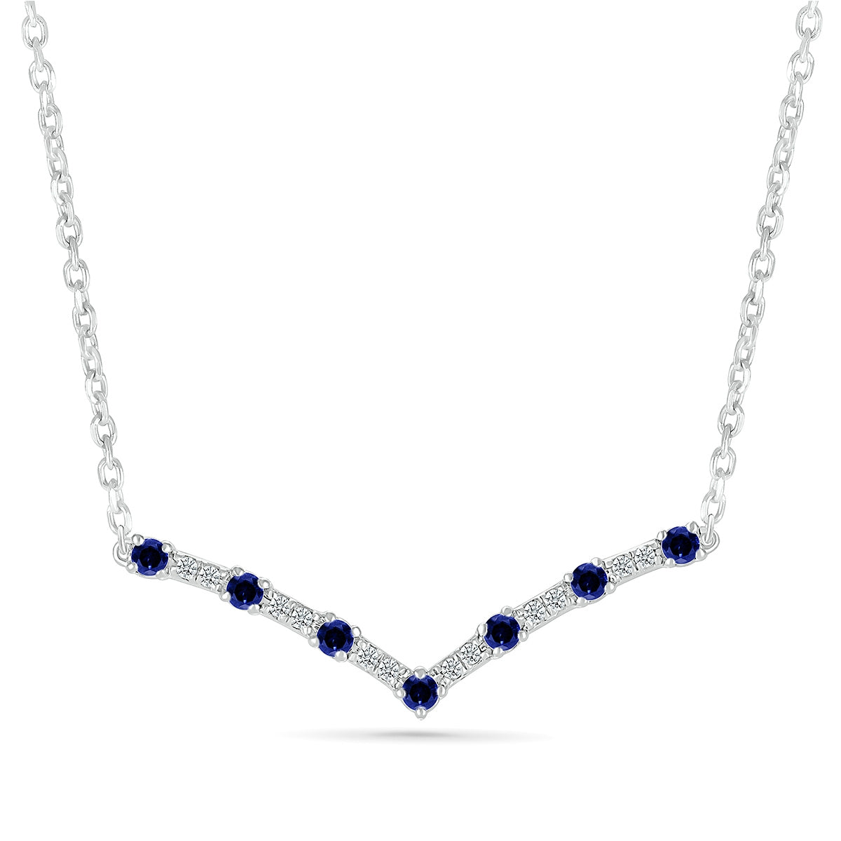 Sapphire & Diamond Accent Chevron Bar Necklace in 10K White Gold