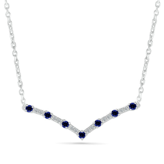 Sapphire & Diamond Accent Chevron Bar Necklace in 10K White Gold