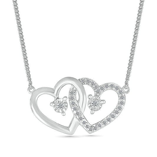 Diamond Accent Linked Double Open Heart Necklace with Miracle Plates in Sterling Silver