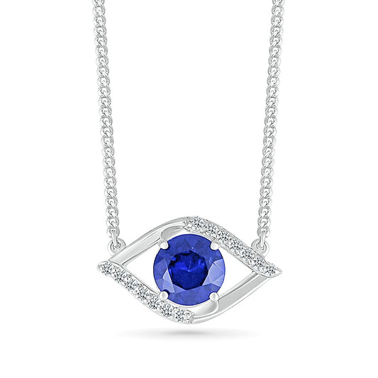 Created Round Sapphire & White Sapphire Eye of Protection Necklace in Sterling Silver