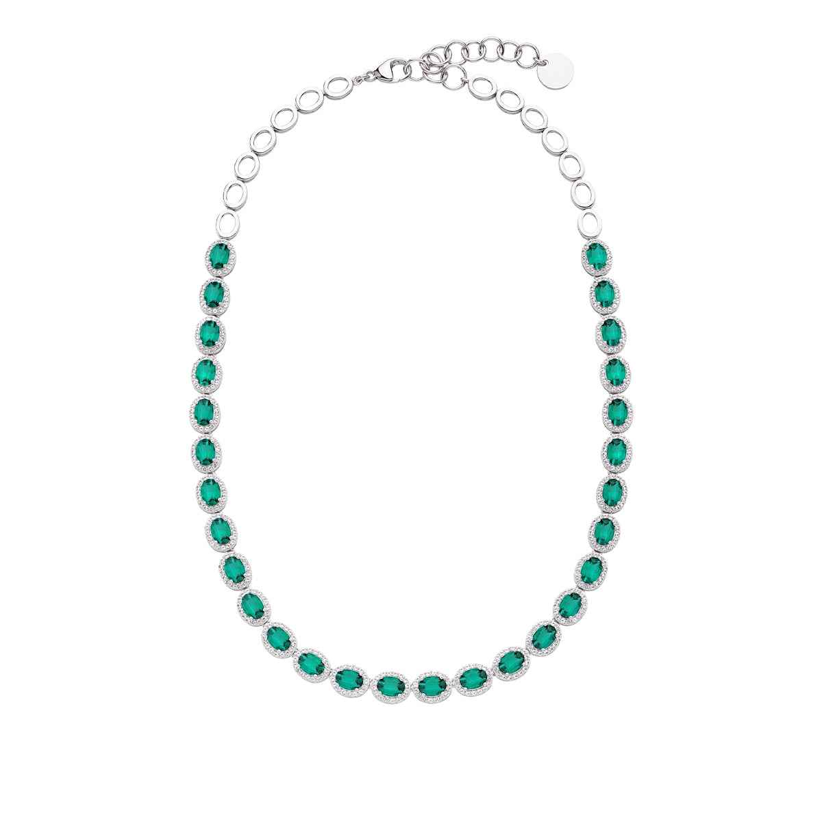 Created Oval Emerald & White Sapphire Halo Necklace in Sterling Silver front view