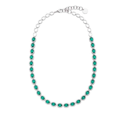 Created Oval Emerald & White Sapphire Halo Necklace in Sterling Silver front view