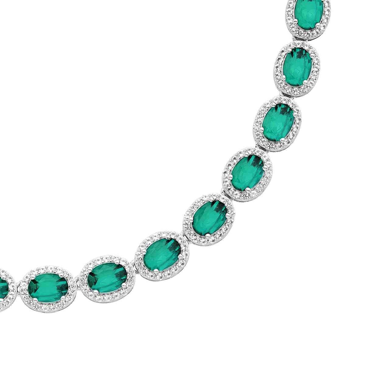 Created Oval Emerald & White Sapphire Halo Necklace in Sterling Silver close-up detail