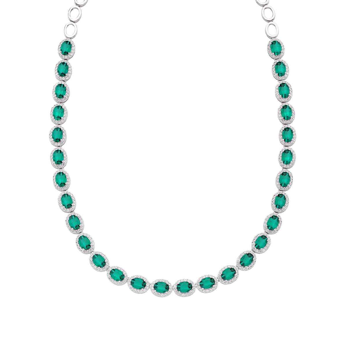 Created Oval Emerald & White Sapphire Halo Necklace in Sterling Silver