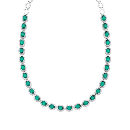 Created Oval Emerald & White Sapphire Halo Necklace in Sterling Silver