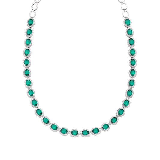 Created Oval Emerald & White Sapphire Halo Necklace in Sterling Silver