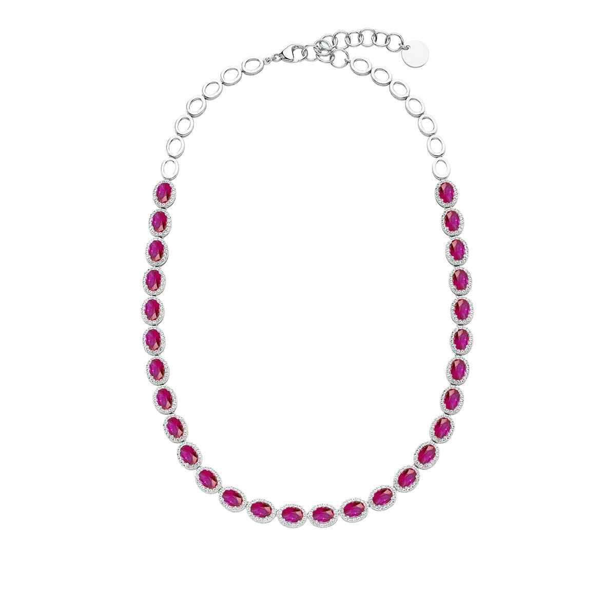 Created Oval Ruby & White Sapphire Halo Necklace in Sterling Silver front view