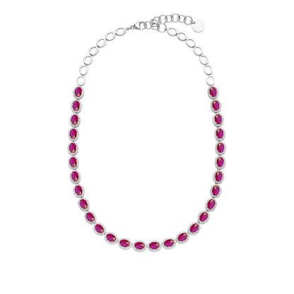 Created Oval Ruby & White Sapphire Halo Necklace in Sterling Silver front view