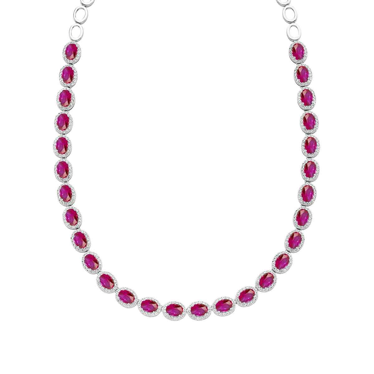 Created Oval Ruby & White Sapphire Halo Necklace in Sterling Silver