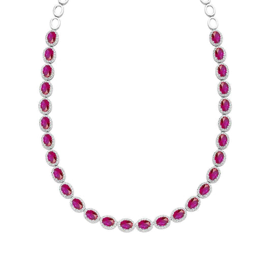 Created Oval Ruby & White Sapphire Halo Necklace in Sterling Silver