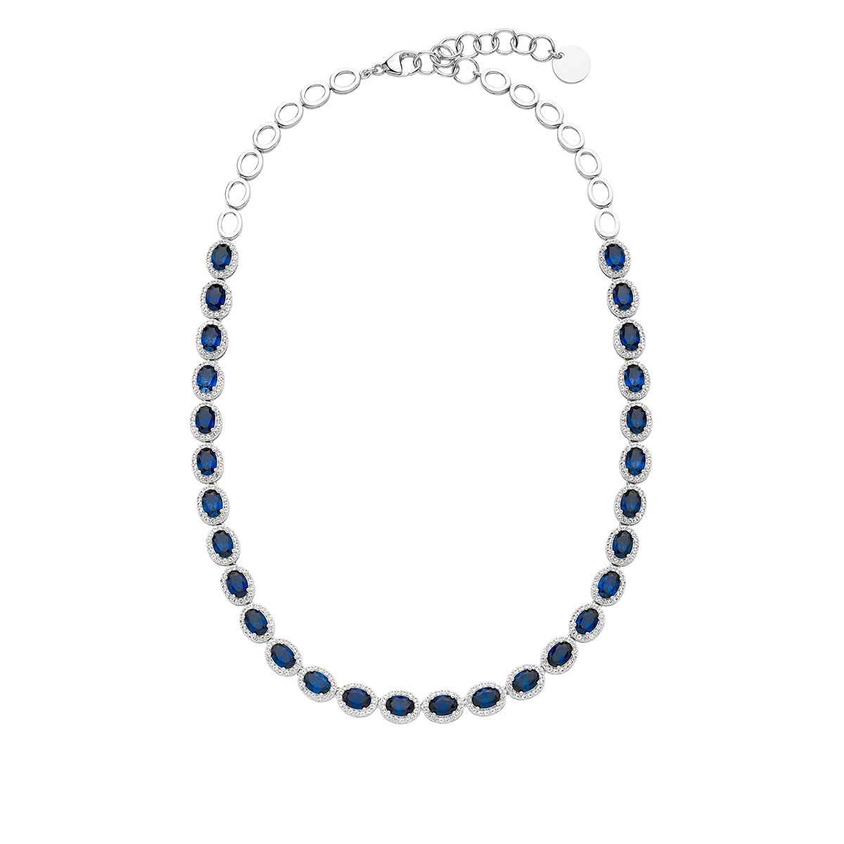 Created Oval Blue & White Sapphire Halo Necklace in Sterling Silver front view
