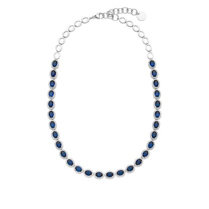 Created Oval Blue & White Sapphire Halo Necklace in Sterling Silver front view