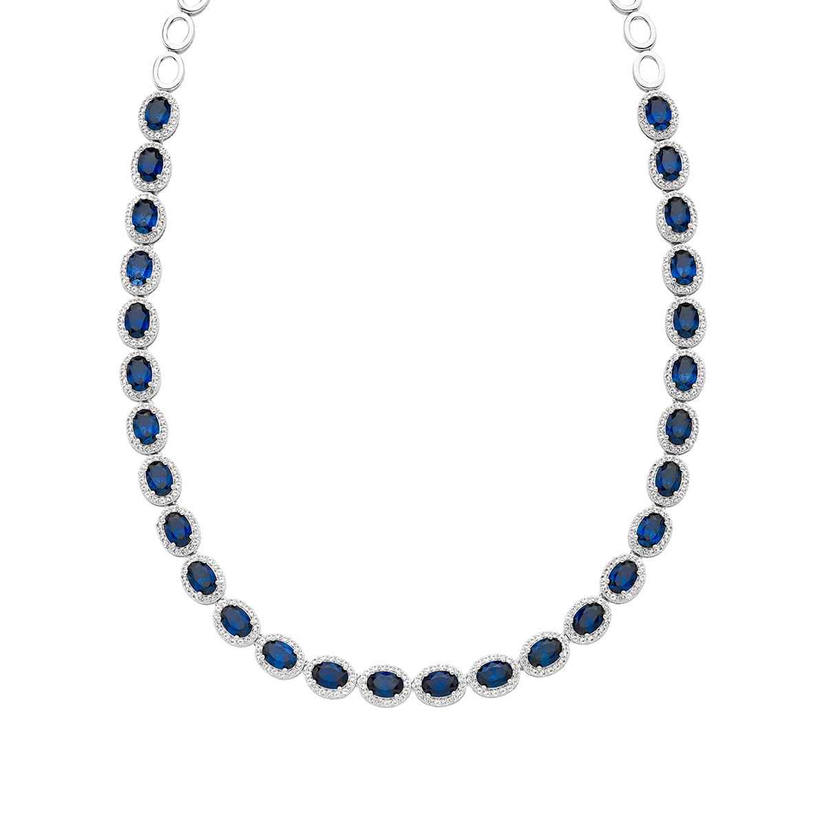 Created Oval Blue & White Sapphire Halo Necklace in Sterling Silver