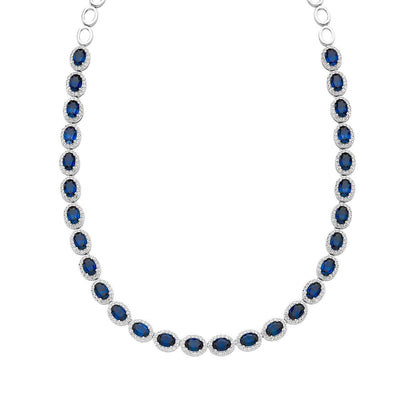 Created Oval Blue & White Sapphire Halo Necklace in Sterling Silver