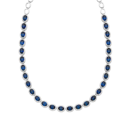 Created Oval Blue & White Sapphire Halo Necklace in Sterling Silver