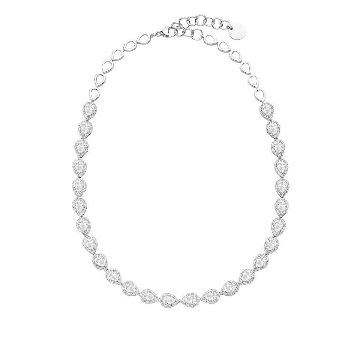 Created Pear White Sapphire Halo Necklace in Sterling Silver front view