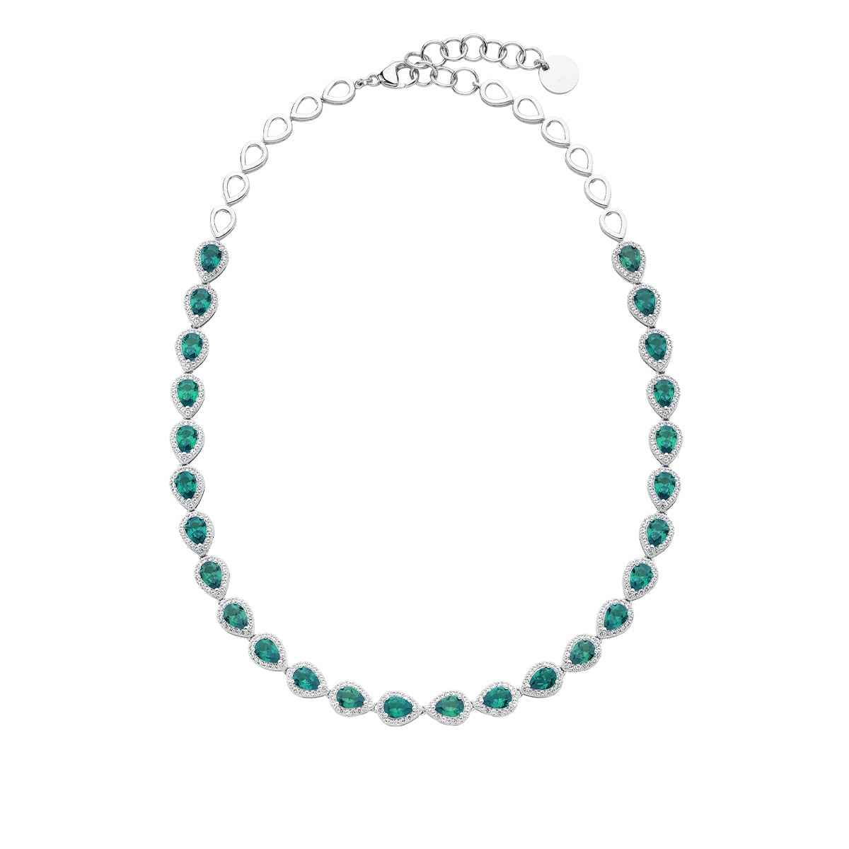 Created Pear Emerald & White Sapphire Halo Necklace in Sterling Silver front view