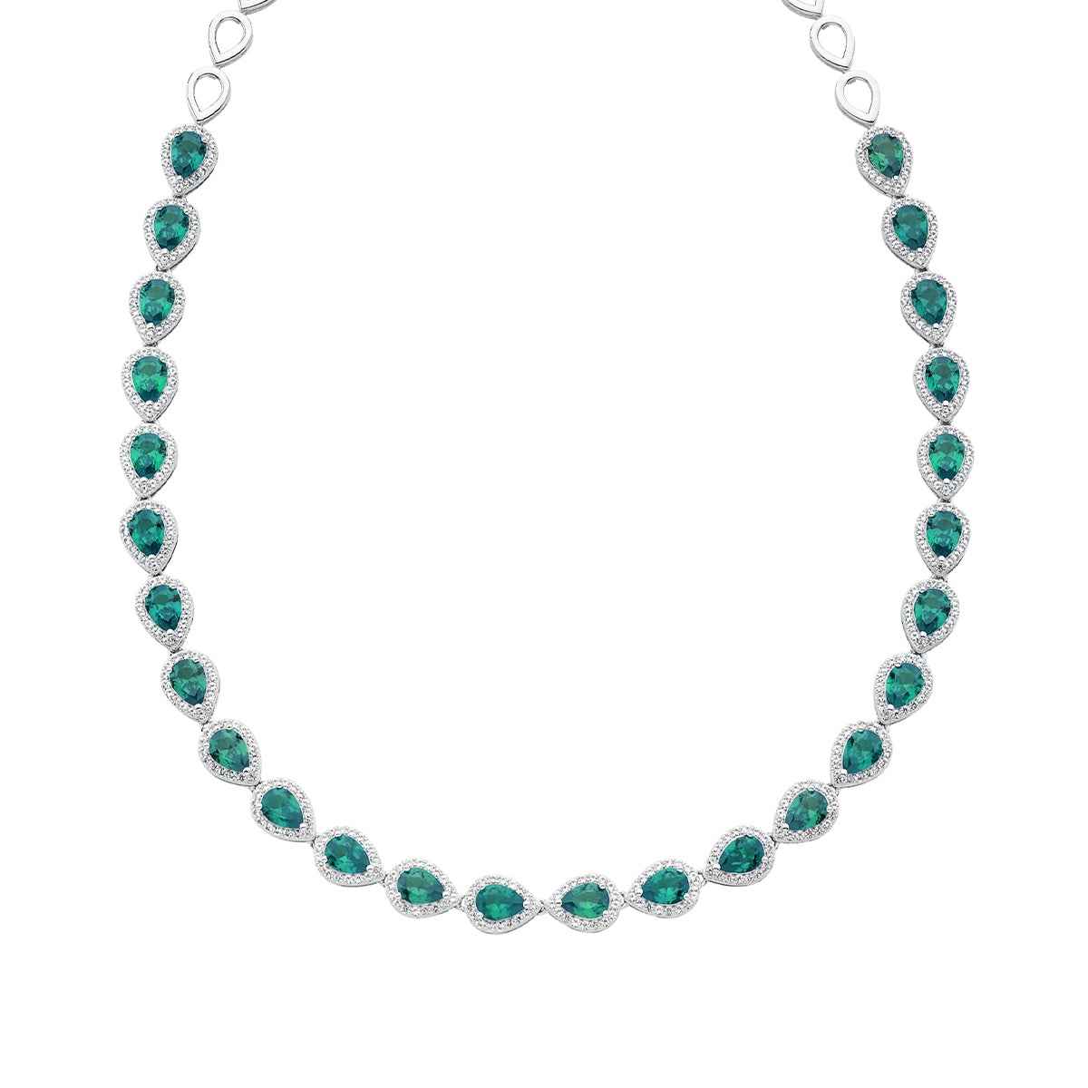 Created Pear Emerald & White Sapphire Halo Necklace in Sterling Silver