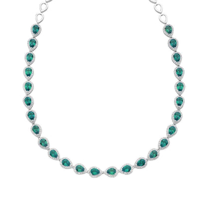 Created Pear Emerald & White Sapphire Halo Necklace in Sterling Silver