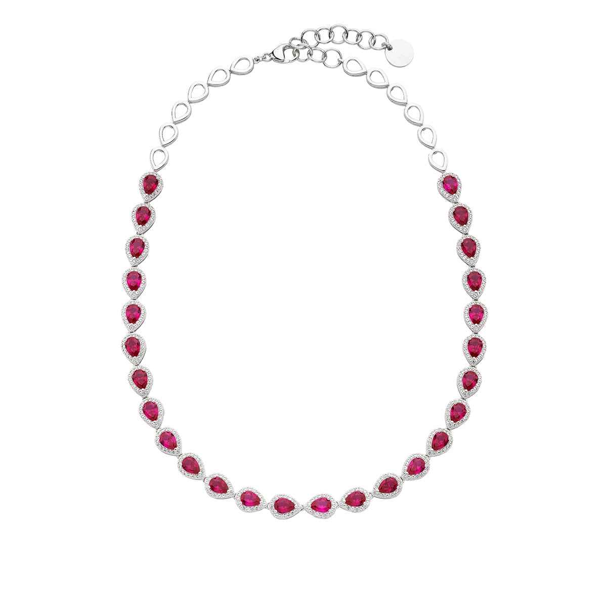 Created Pear Ruby & White Sapphire Halo Necklace in Sterling Silver front view