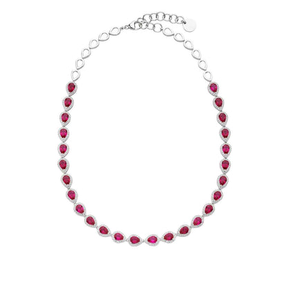 Created Pear Ruby & White Sapphire Halo Necklace in Sterling Silver front view
