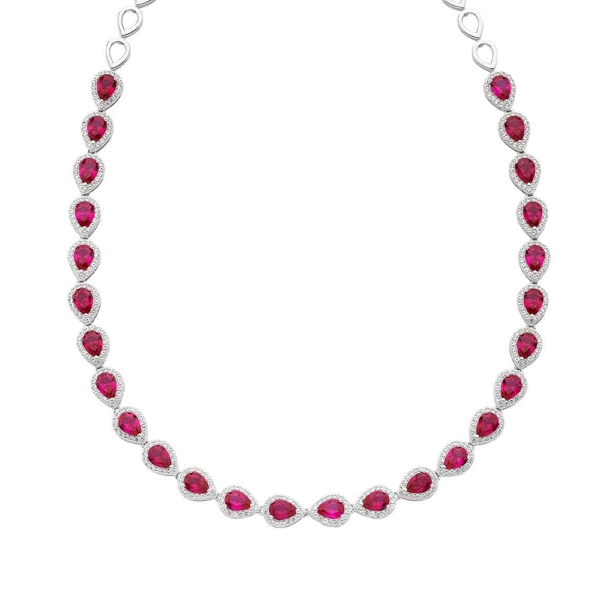 Created Pear Ruby & White Sapphire Halo Necklace in Sterling Silver