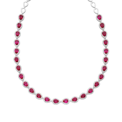 Created Pear Ruby & White Sapphire Halo Necklace in Sterling Silver