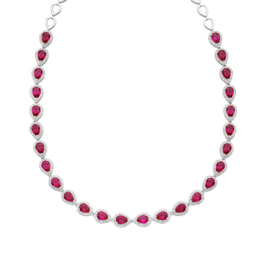Created Pear Ruby & White Sapphire Halo Necklace in Sterling Silver