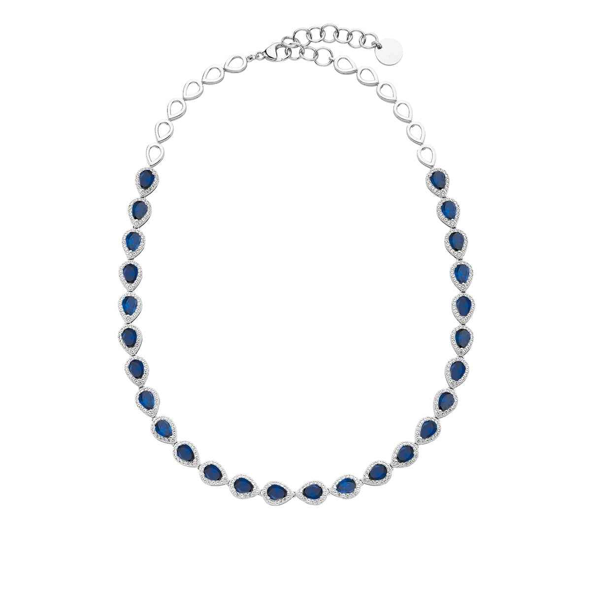 Created Pear Blue & White Sapphire Halo Necklace in Sterling Silver front view