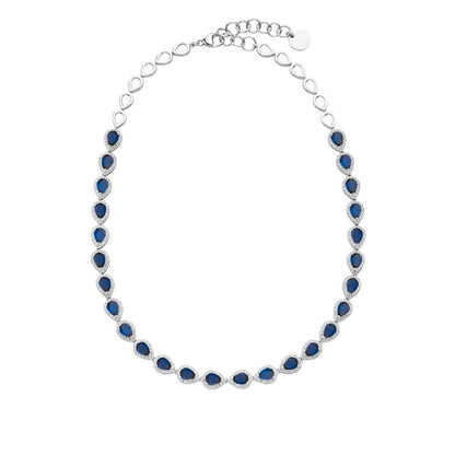 Created Pear Blue & White Sapphire Halo Necklace in Sterling Silver front view
