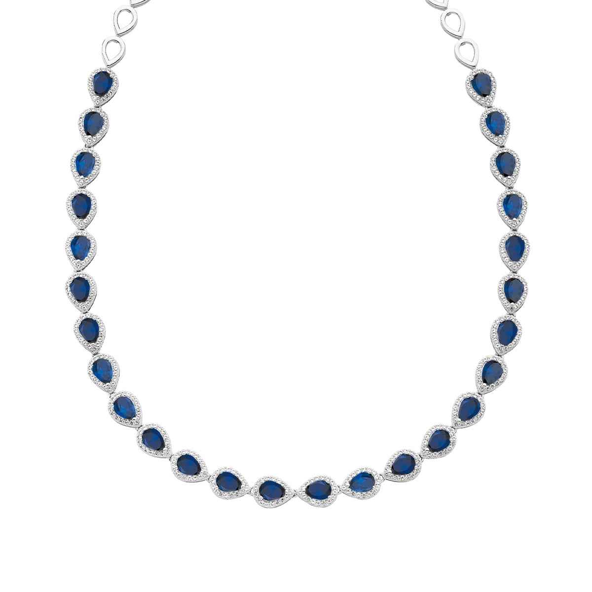 Created Pear Blue & White Sapphire Halo Necklace in Sterling Silver