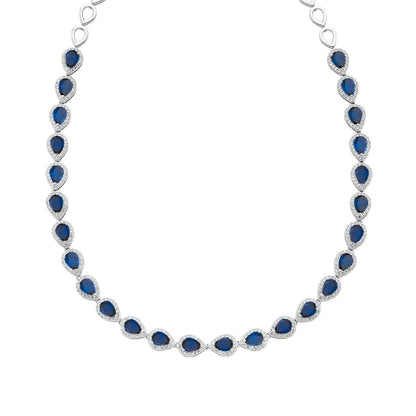 Created Pear Blue & White Sapphire Halo Necklace in Sterling Silver