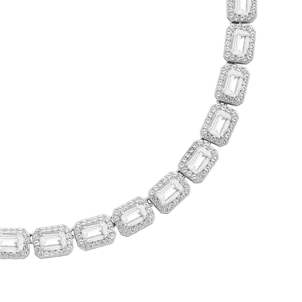 Created Emerald-Cut White Sapphire Halo Necklace in Sterling Silver close-up detail