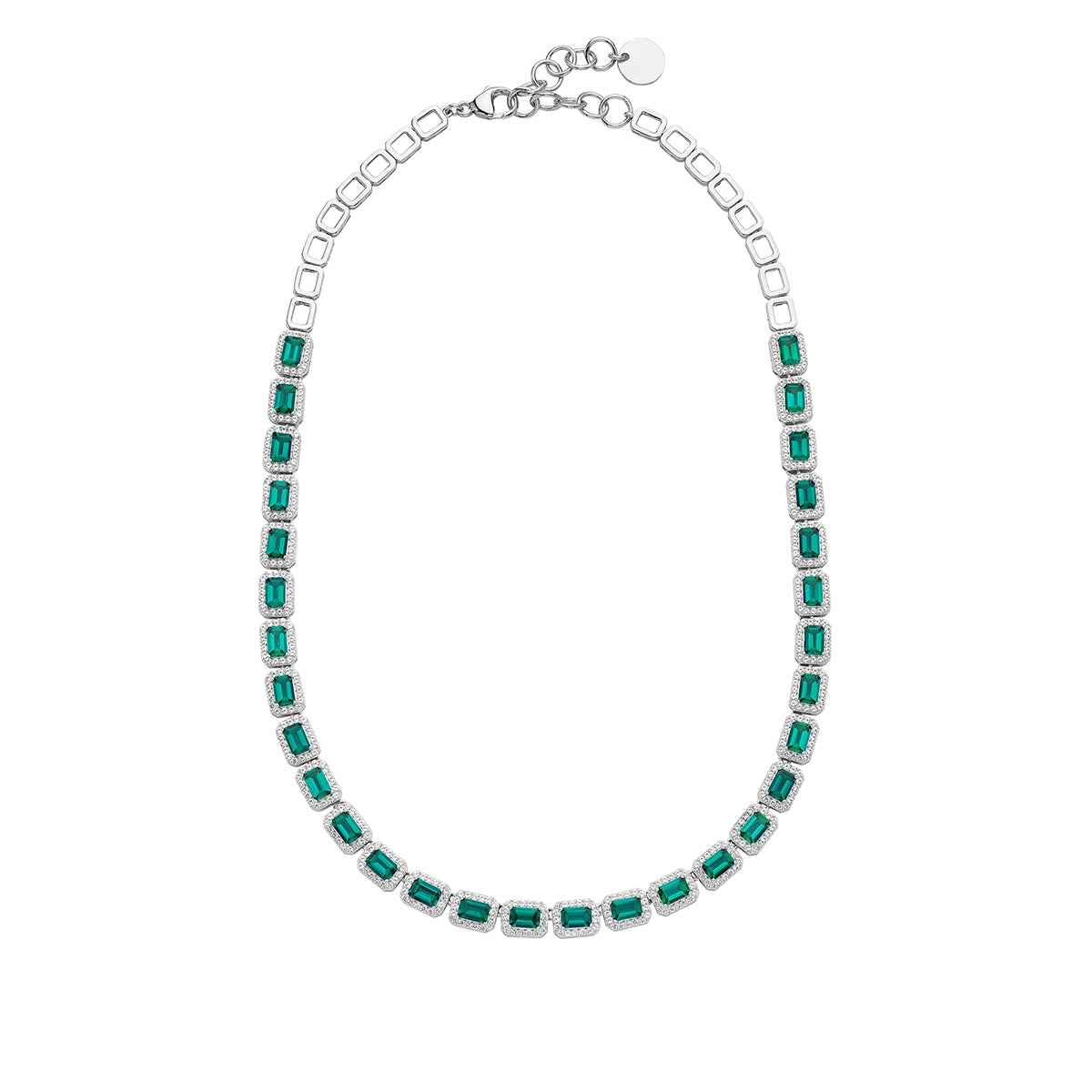 Created Emerald-Cut Emerald & White Sapphire Halo Necklace in Sterling Silver front view