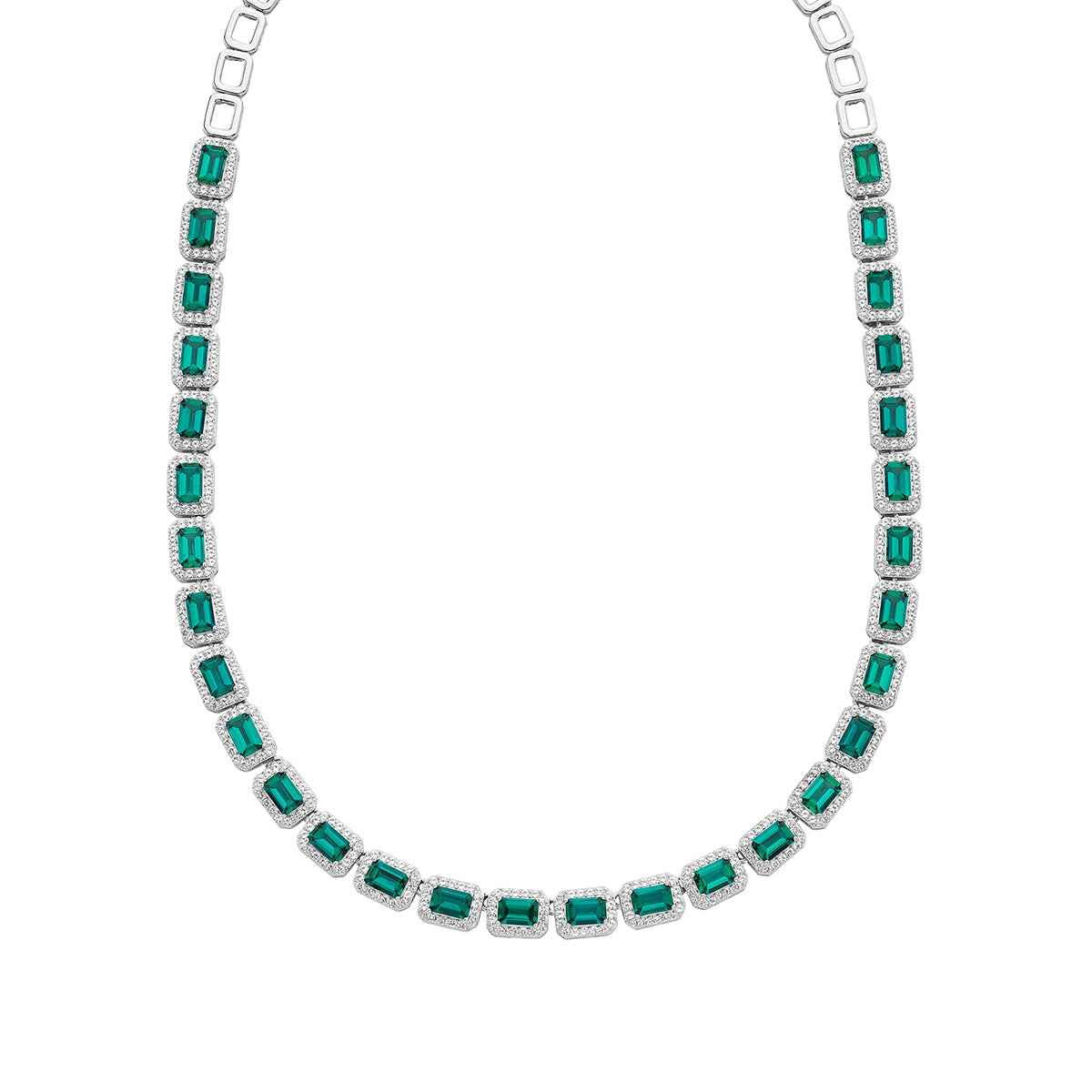 Created Emerald-Cut Emerald & White Sapphire Halo Necklace in Sterling Silver