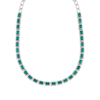 Created Emerald-Cut Emerald & White Sapphire Halo Necklace in Sterling Silver