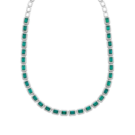 Created Emerald-Cut Emerald & White Sapphire Halo Necklace in Sterling Silver