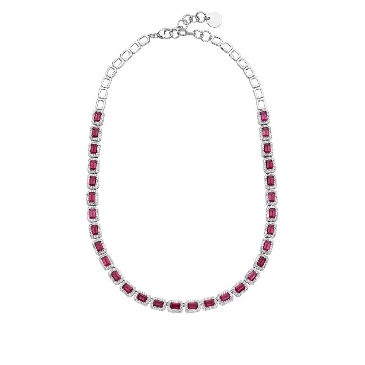 Created Emerald-Cut Ruby & White Sapphire Halo Necklace in Sterling Silver front view