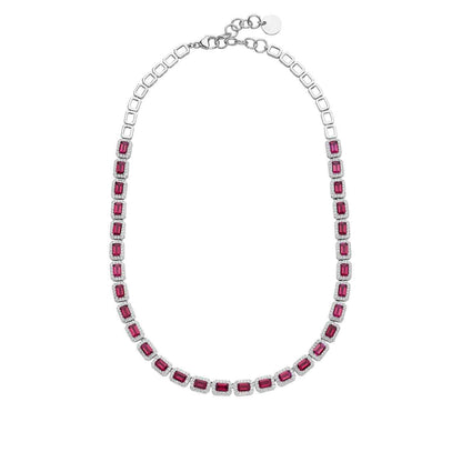 Created Emerald-Cut Ruby & White Sapphire Halo Necklace in Sterling Silver front view