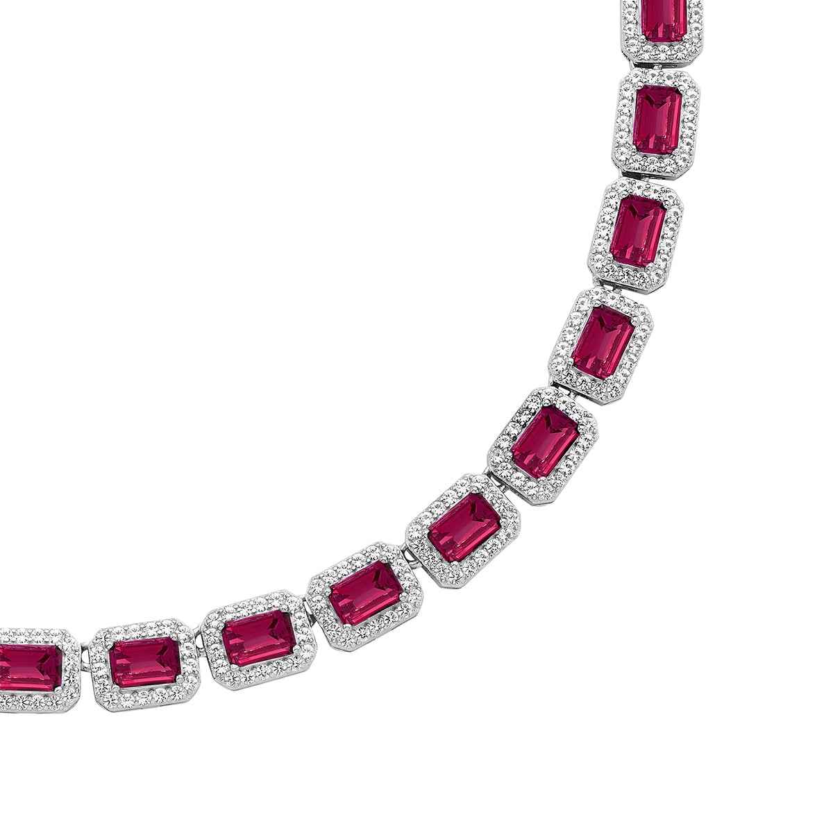 Created Emerald-Cut Ruby & White Sapphire Halo Necklace in Sterling Silver close-up detail