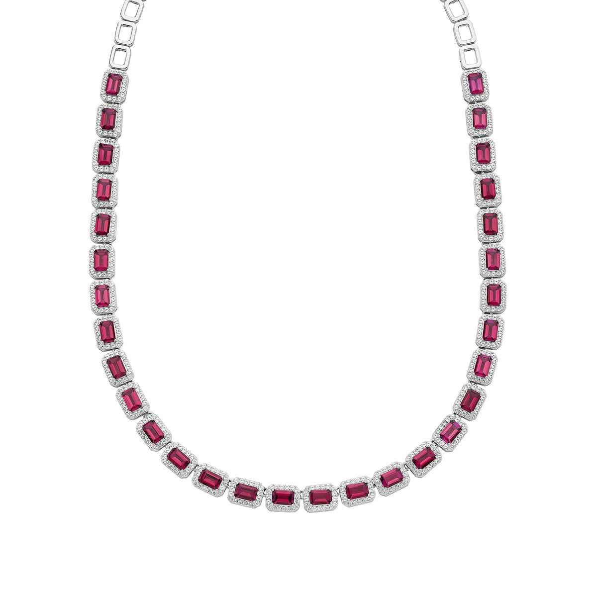 Created Emerald-Cut Ruby & White Sapphire Halo Necklace in Sterling Silver