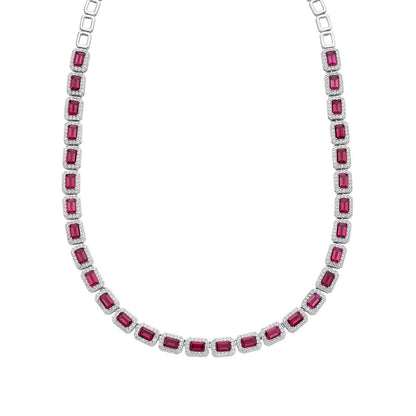 Created Emerald-Cut Ruby & White Sapphire Halo Necklace in Sterling Silver